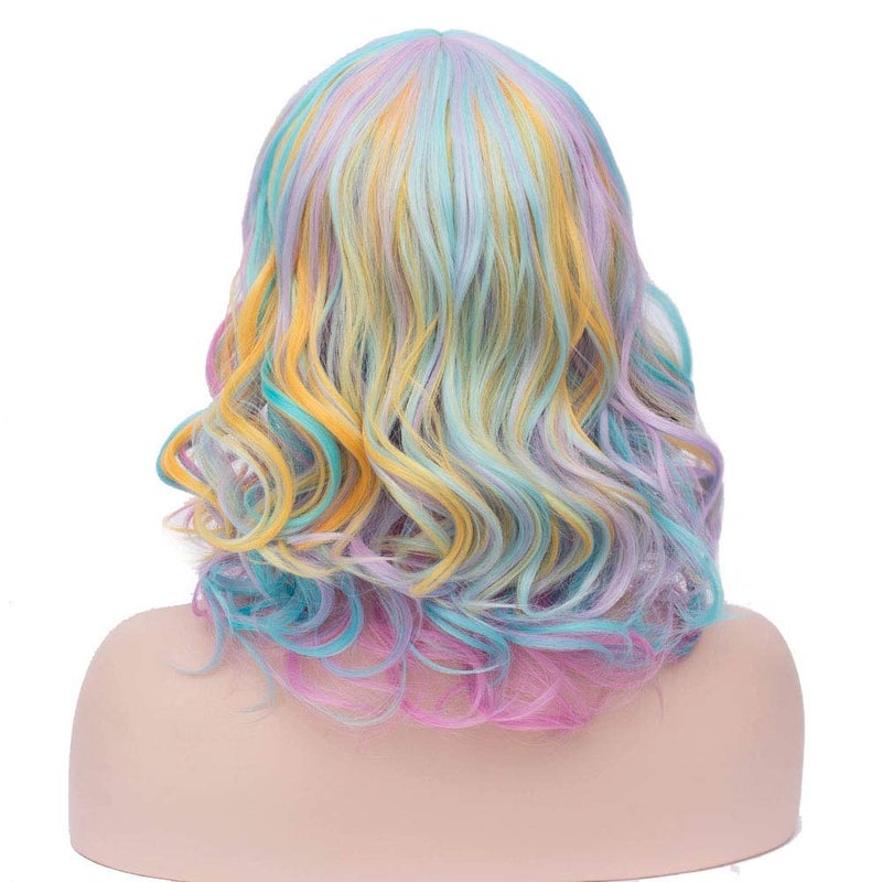 BERON Rainbow Wig Short Curly Wig Women Girl's Synthetic Wigs Rainbow Wigs with Bangs Hairnet Included - Image 4